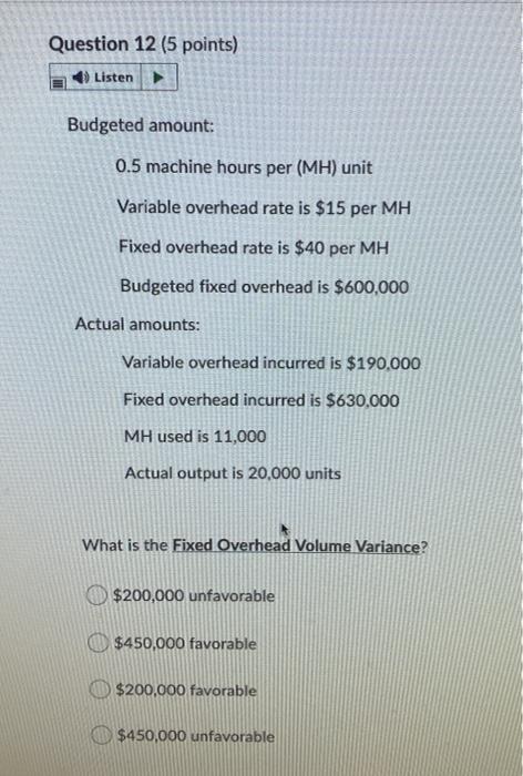  Question 12 (5 points) 4) Listen Budgeted amount: 0.5 machine hours