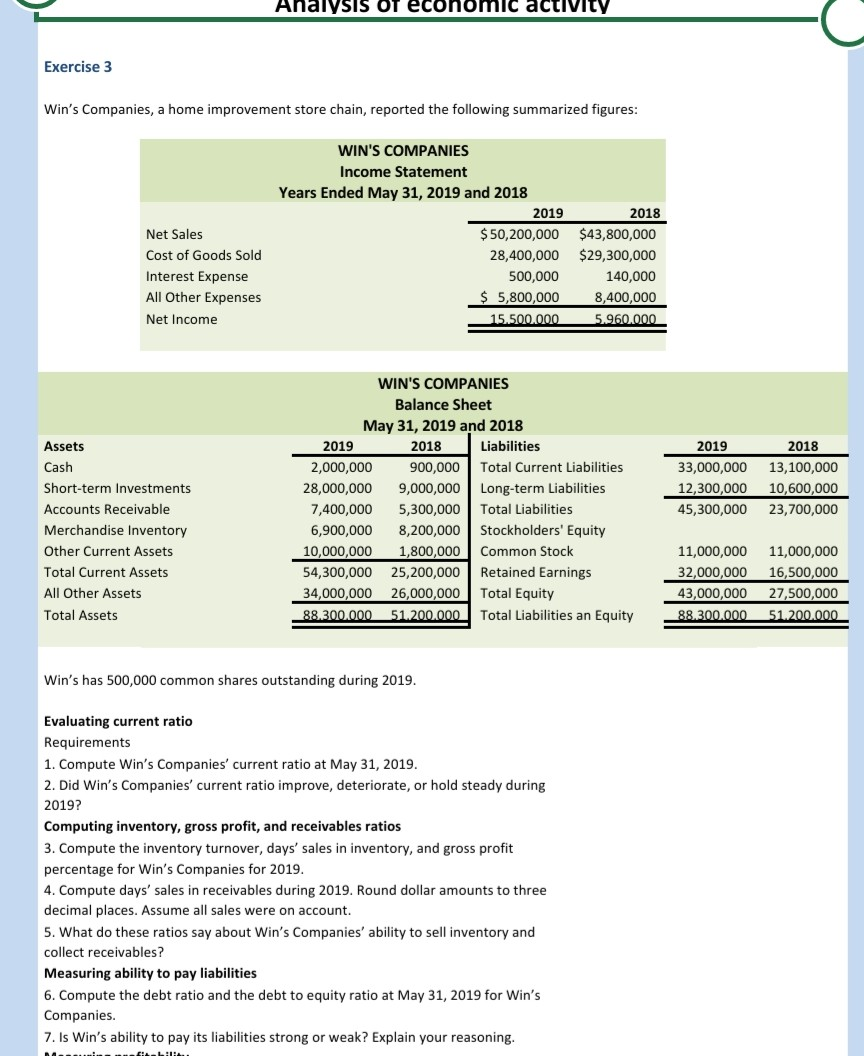  solve this small questions AnalysIS OT economic activity Exercise 3 Win's