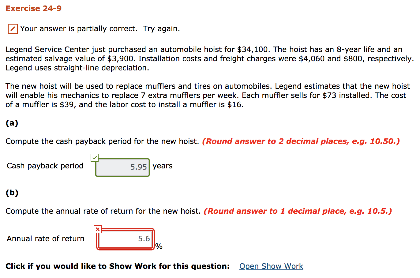 Exercise 24-9 Your answer is partially correct. Try again. Legend Service