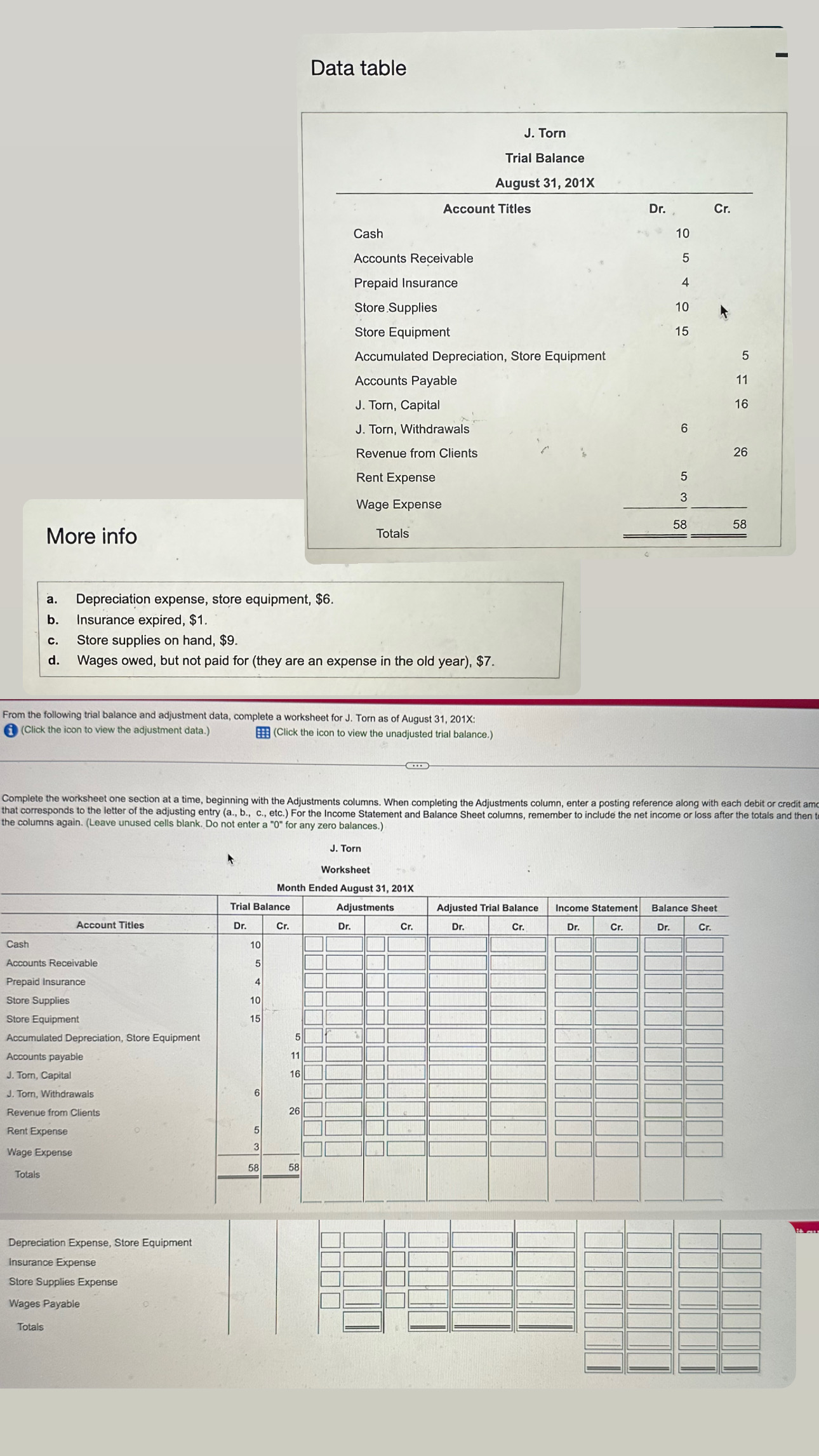  Data table More info a. Depreciation expense, store equipment, $6. b.