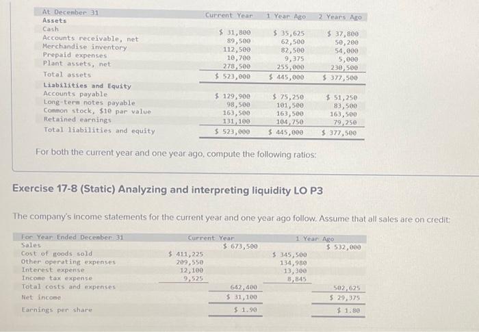  For both the current year and one year ago, compute the