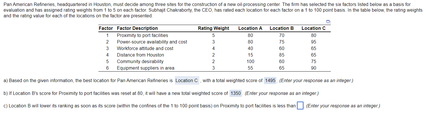 Please only answer QUESTION C Pan American Refineries, headquartered in Houston, must