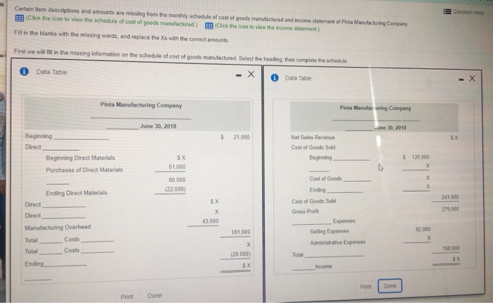  Question Help Certain item descriptions and amounts are missing from the