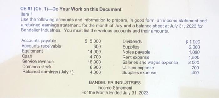  CE \#1 (Ch. 1)-Do Your Work on this Document Item 1