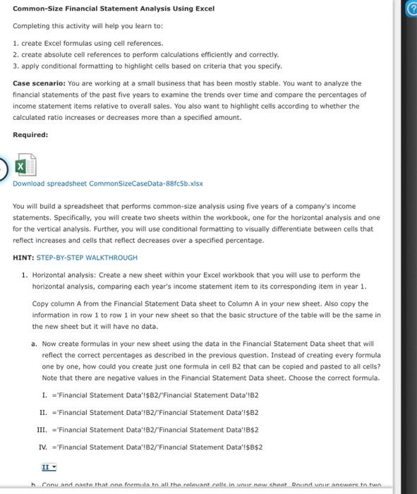 in fill the blanks Common-Size Financial Statement Analysis Using Excel Completing this