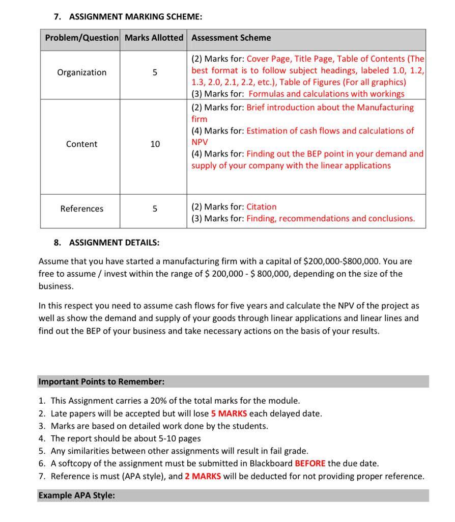  7. ASSIGNMENT MARKING SCHEME: Problem/Question Marks Allotted Assessment Scheme Organization 5