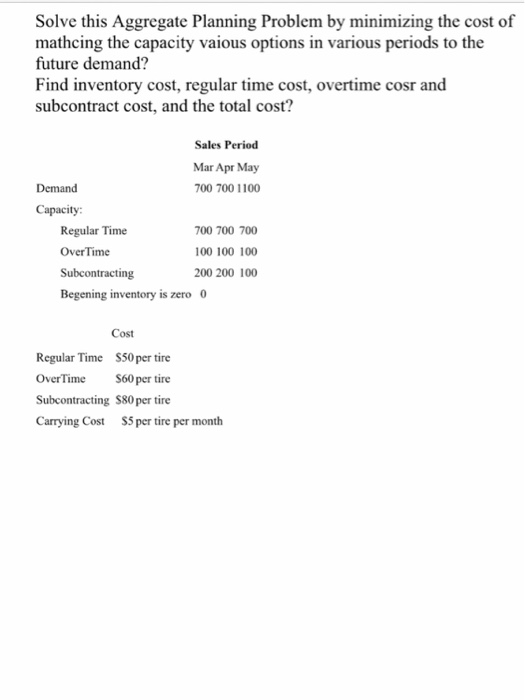  using this table Solve this Aggregate Planning Problem by minimizing the