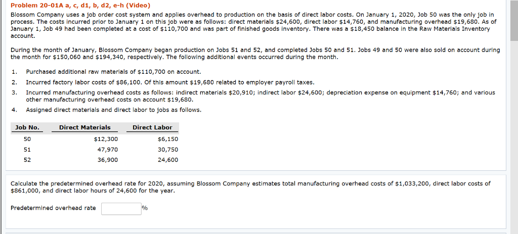  Problem 20-01A a, c, d1, b, d2, e-h (Video) Blossom Company