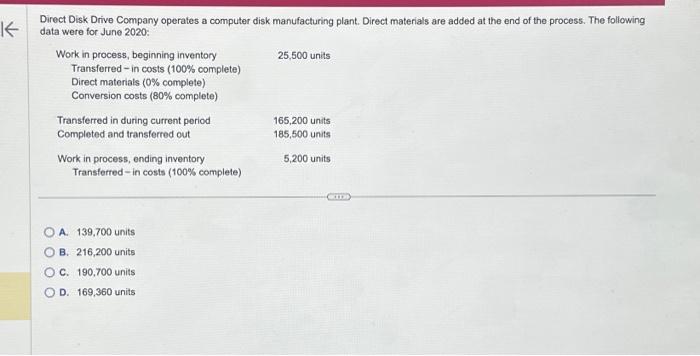  Direct Disk Drive Company operates a computer disk manufacturing plant. Direct