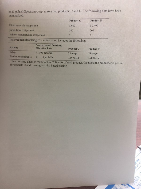 23. (5 points) Spectrum Corp. makes two products: C and D.