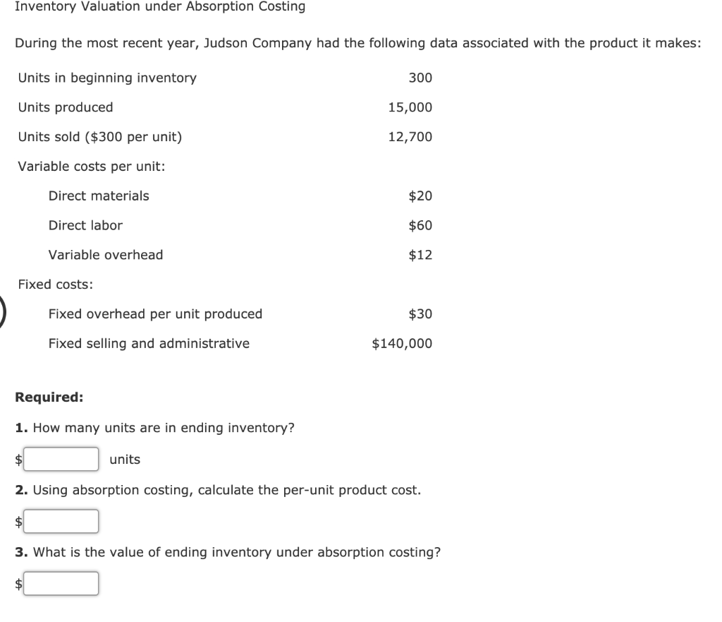  Inventory Valuation under Absorption Costing During the most recent year, Judson
