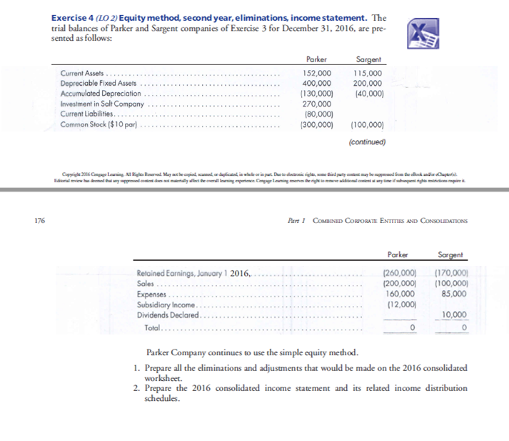 Exercise 4 (LO 2) Equity method, second year, eliminations, income statement.