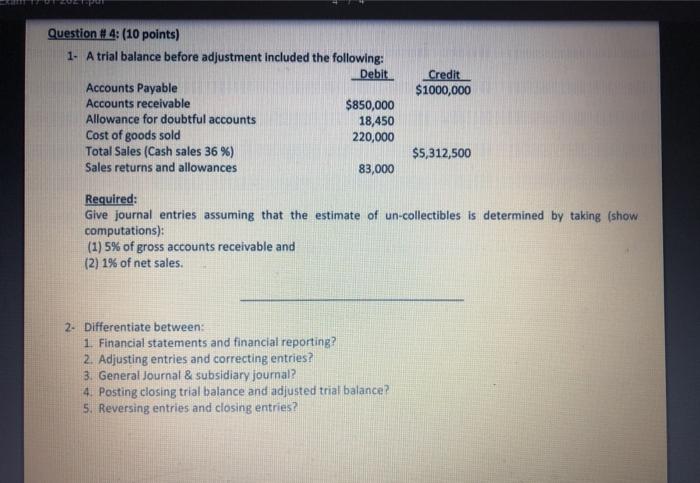  Credit $1000,000 Question # 4: (10 points) 1. A trial balance