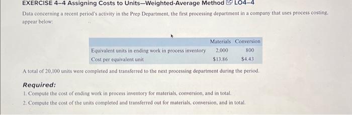  EXERCISE 4-4 Assigning Costs to Units-Weighted-Average Method 5 LO4-4 Data concerning