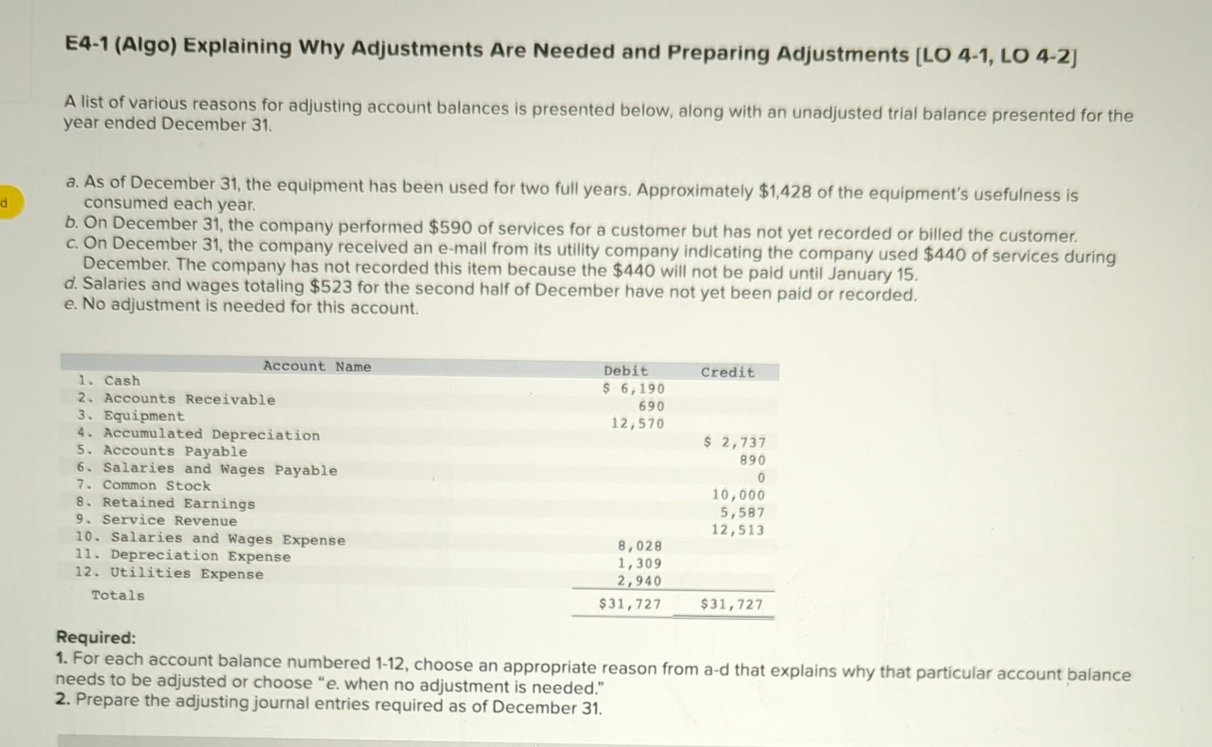  E4-1 (Algo) Explaining Why Adjustments Are Needed and Preparing Adjustments [LO