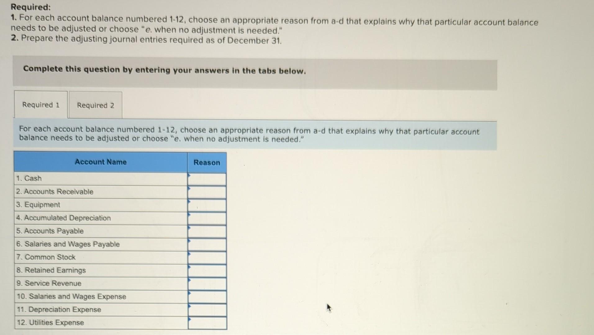 4-1, LO 4-2] A list of various reasons for adjusting account balances