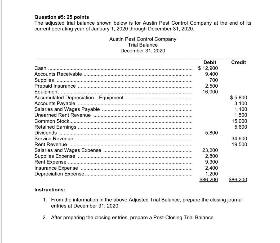  table format. typing Question #5: 25 points The adjusted trial balance