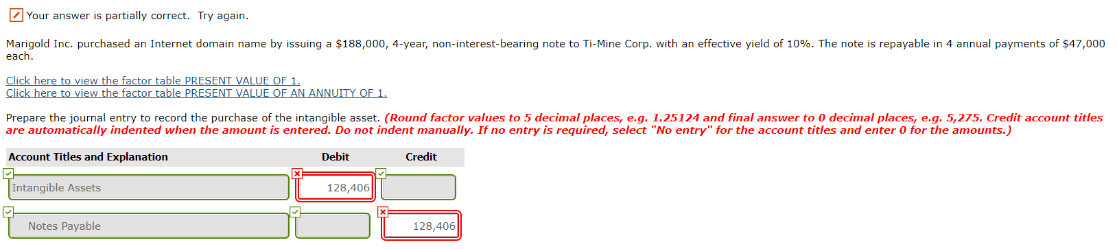 Your answer is partially correct. Try again. Marigold Inc. purchased an