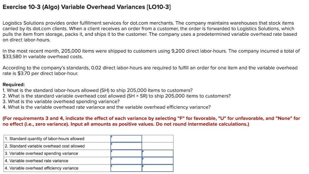  Exercise 10-3 (Algo) Variable Overhead Variances [LO10-3] Logistics Solutions provides order