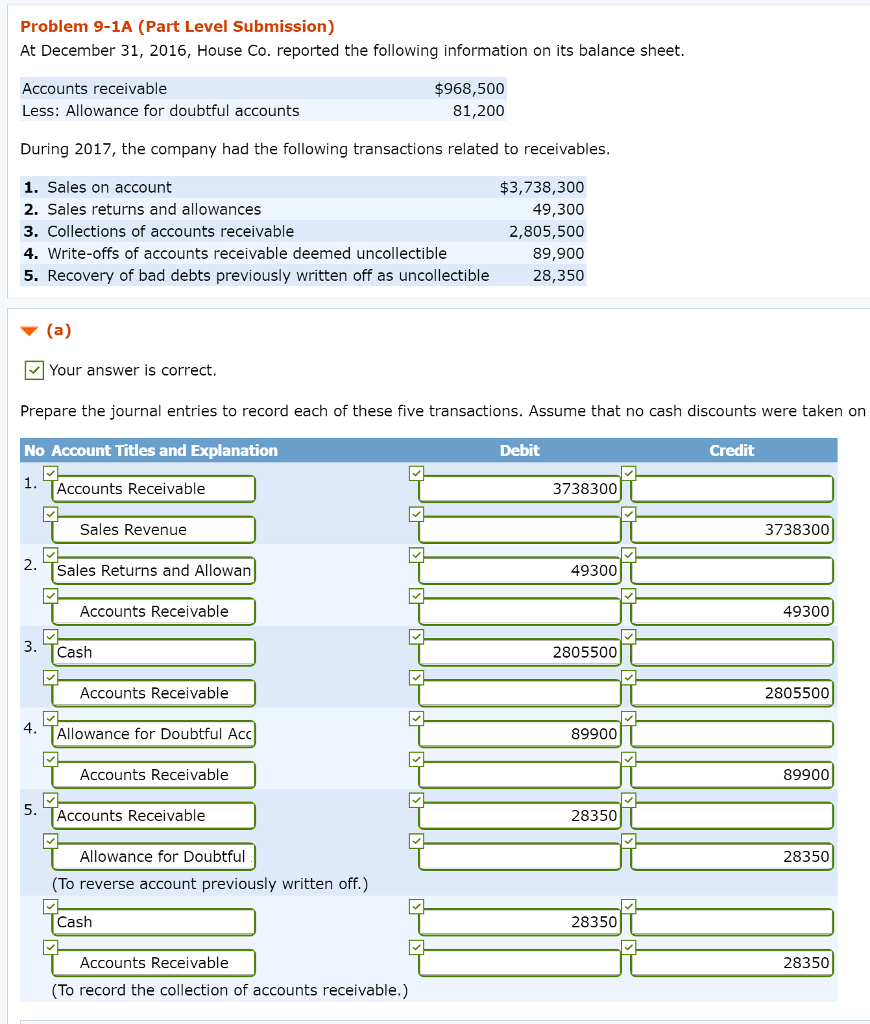 Problem 9-1A (Part Level Submission) At December 31, 2016, House Co. reported