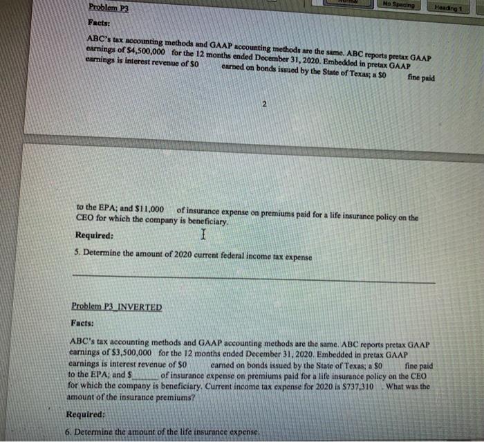 Help No Spacing Heading 1 Problem P3 Facts: ABC's tax accounting methods