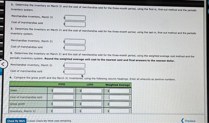 Supplies and data on purchases and sales for a three-month period ending