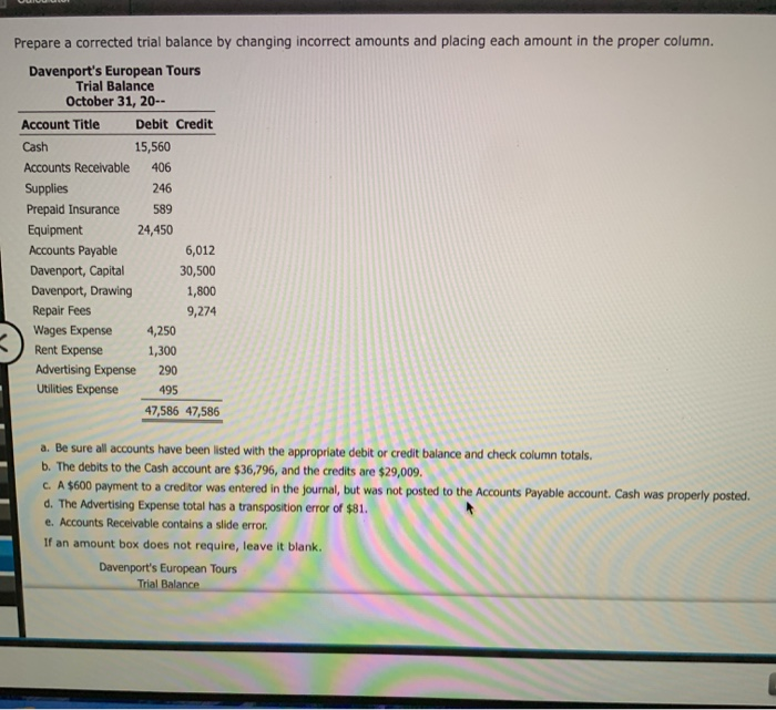 Prepare a corrected trial balance by changing incorrect amounts and placing
