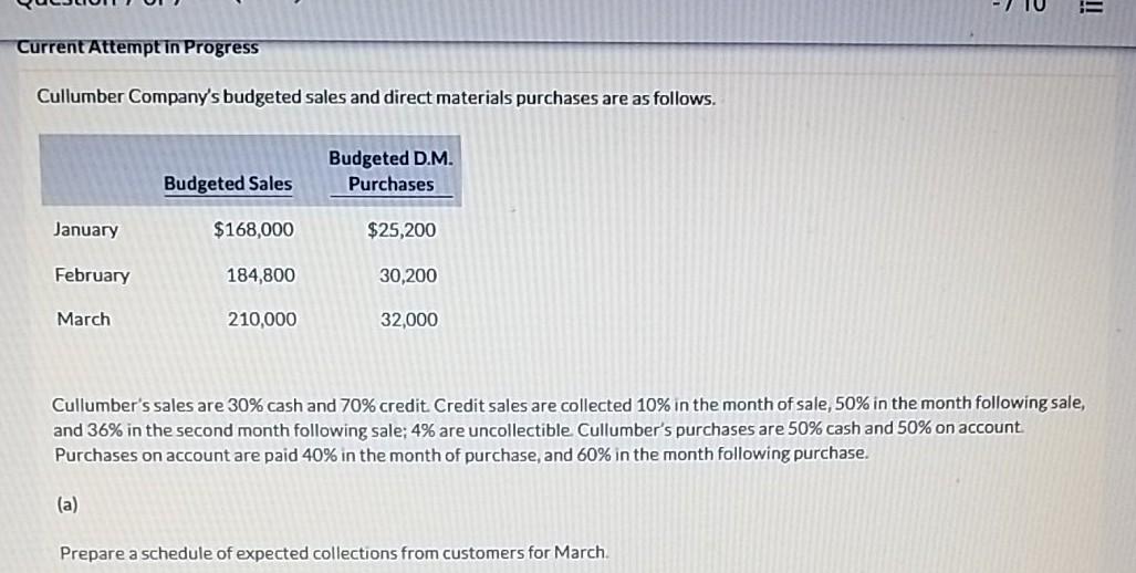  U = Current Attempt in Progress Cullumber Company's budgeted sales and