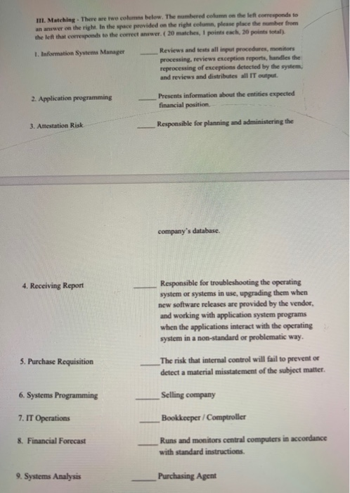  III. Matching. There are two columns below. The numbered column on