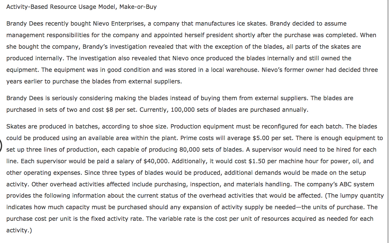 Activity-Based Resource Usage Model, Make-or-Buy Brandy Dees recently bought Nievo Enterprises,