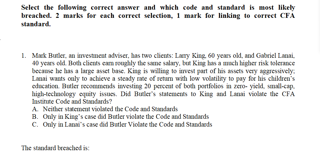  Select the following correct answer and which code and standard is