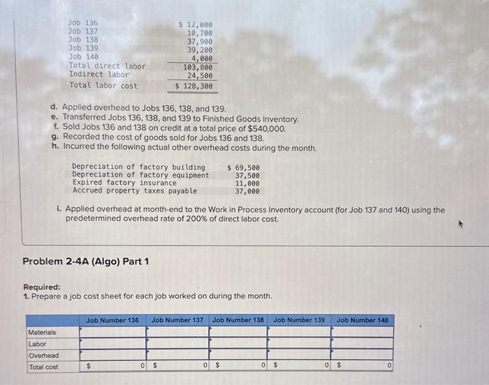 Problem 2-4A (Algo) Preparing job cost sheets, recording costs, preparing inventory ledger