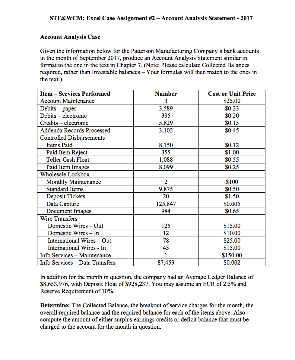 STF&WCM: Excel Case Assignment #2 - Account Analysis Statement - 2017