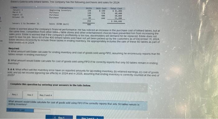 tables. The company has the following purchases and sales for 2024. Eddie
