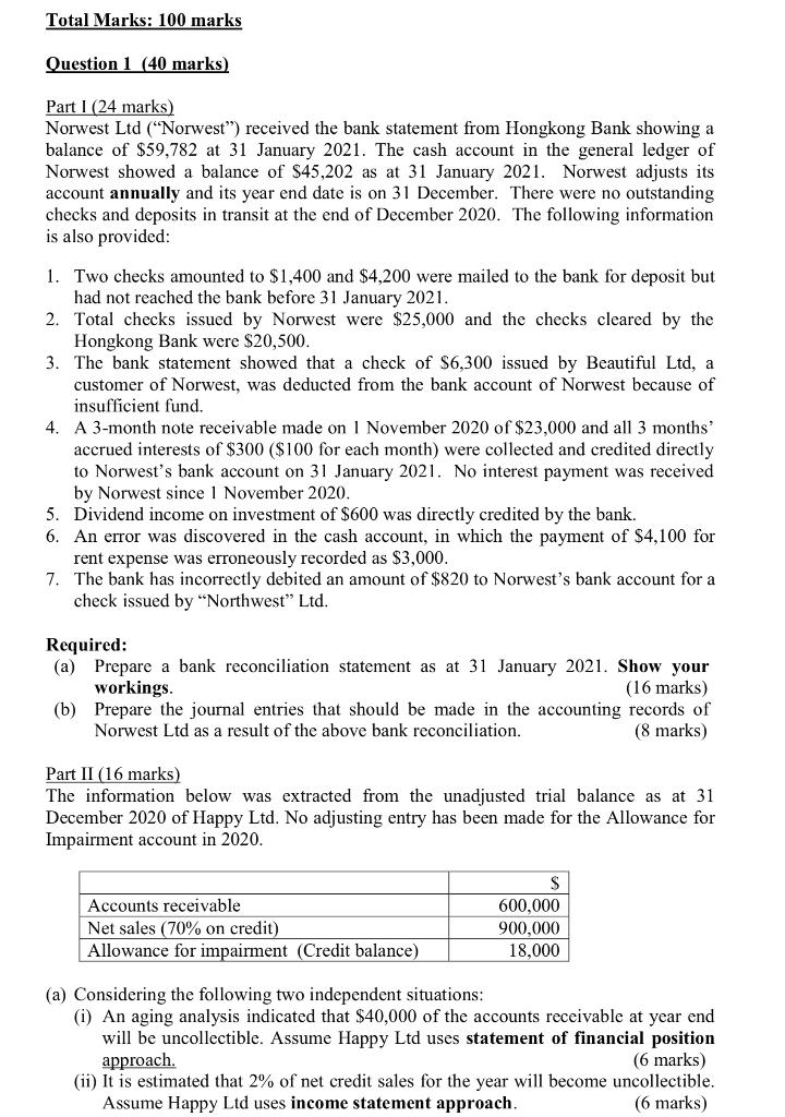 Total Marks: 100 marks Question 1 (40 marks) Part I (24