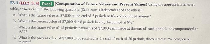  E5.3 (LO 2, 3, 4) Excel (Computation of Future Values and