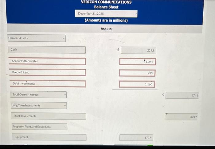 are taken from the 2025 balance sheet of Verizon Communications. (All dollars