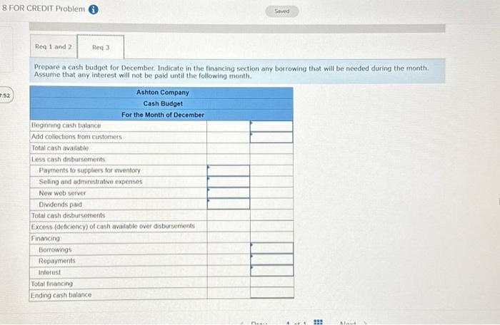 December cash budget for Ashton Company, a distributor of exercise equipment. The