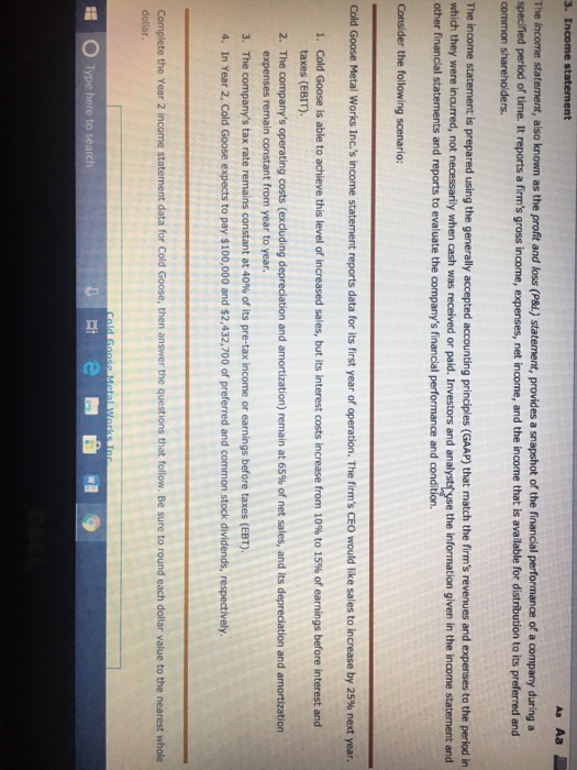  Complete the year 2 income statement, then answer questions that follow.