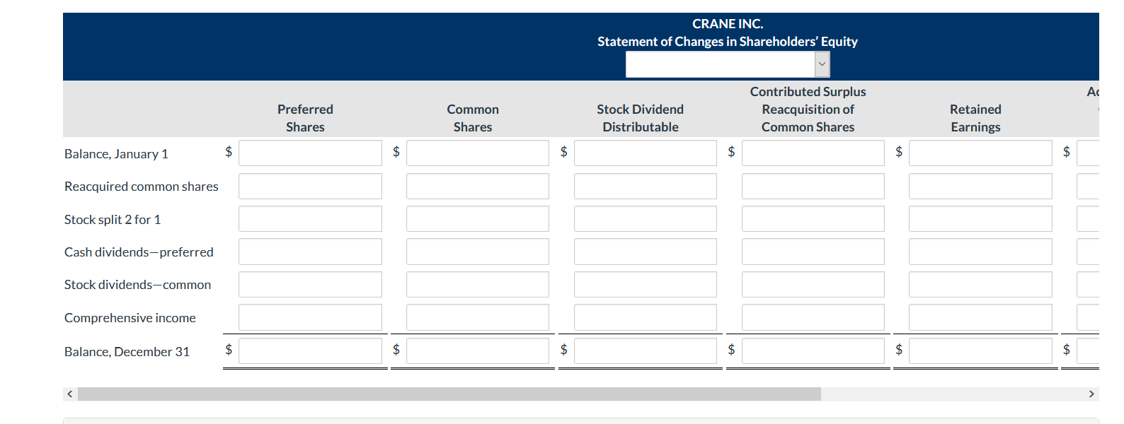 equity accounts of Crane Inc. at December 31, 2020, are as follows: