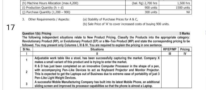 (h) Machine Hours Allocation (max. 4,200) Production Quantity (h+d) C) Purchase
