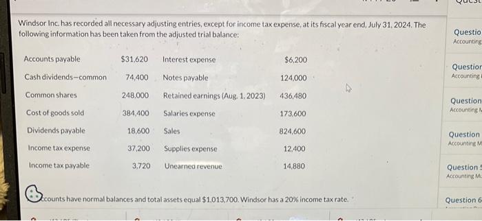  Windsor Inc. has recorded all necessary adjusting entries, except for income