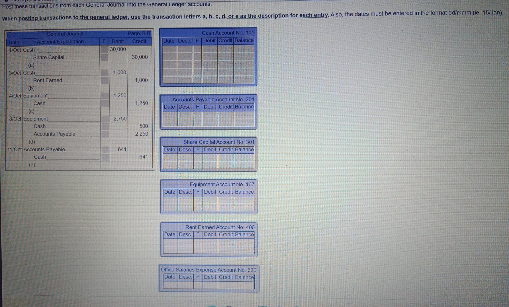 Post these transactions from each General Journal into the General Ledger