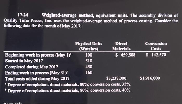 Please include a excel table and the formulas and calculation explanation. 17-24