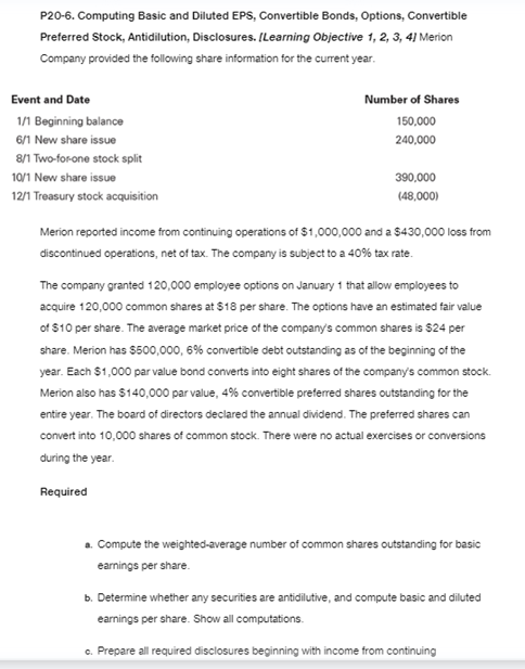  P20-6. Computing Basic and Diluted EPS, Convertible Bonds, Options, Convertible Preferred