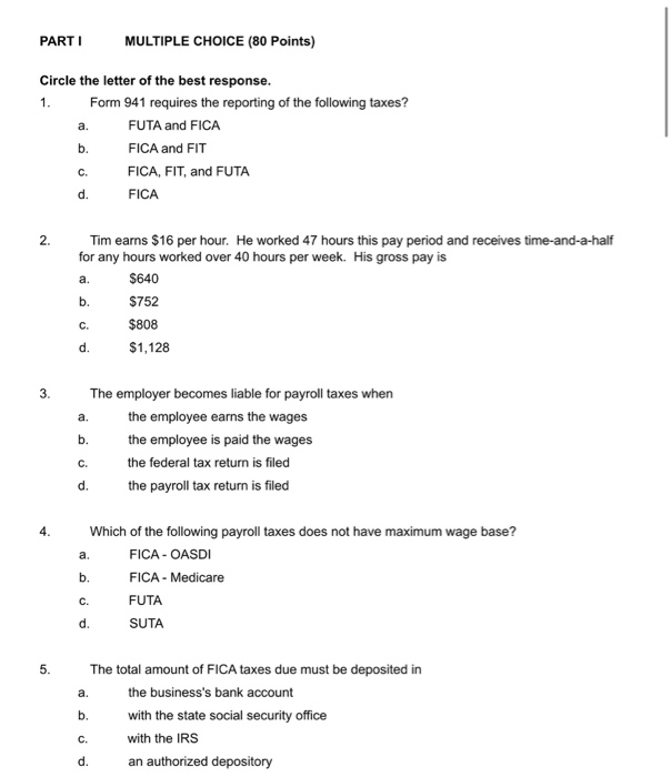 Test PARTI MULTIPLE CHOICE (80 Points) a. Circle the letter of the