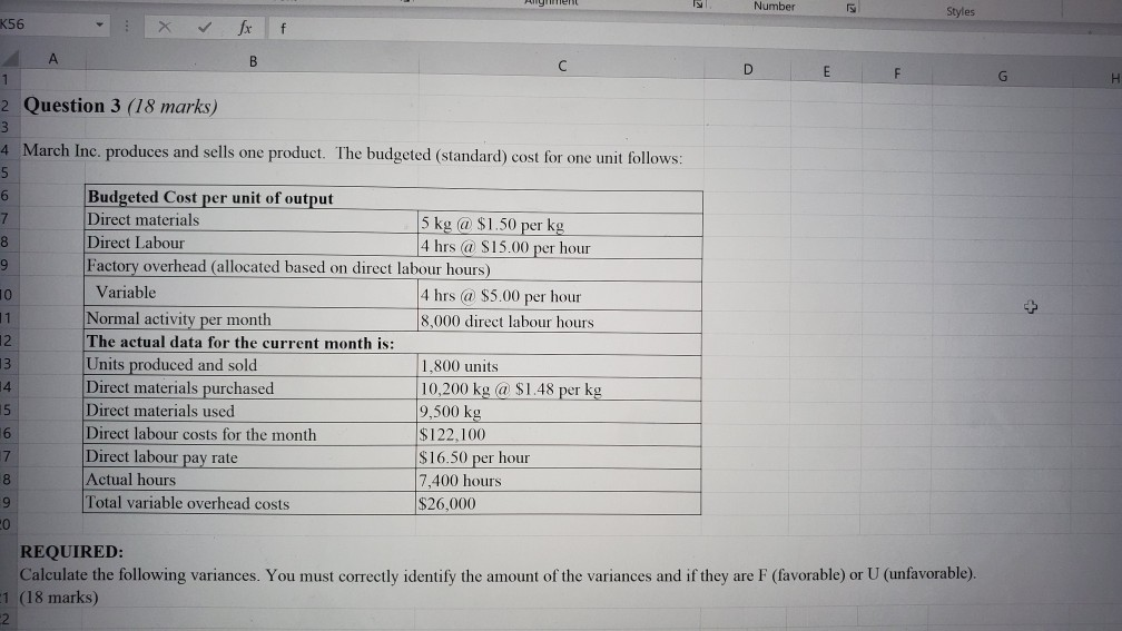 with formulas plz! yen Number Styles . 2 Question 3 (18 marks)