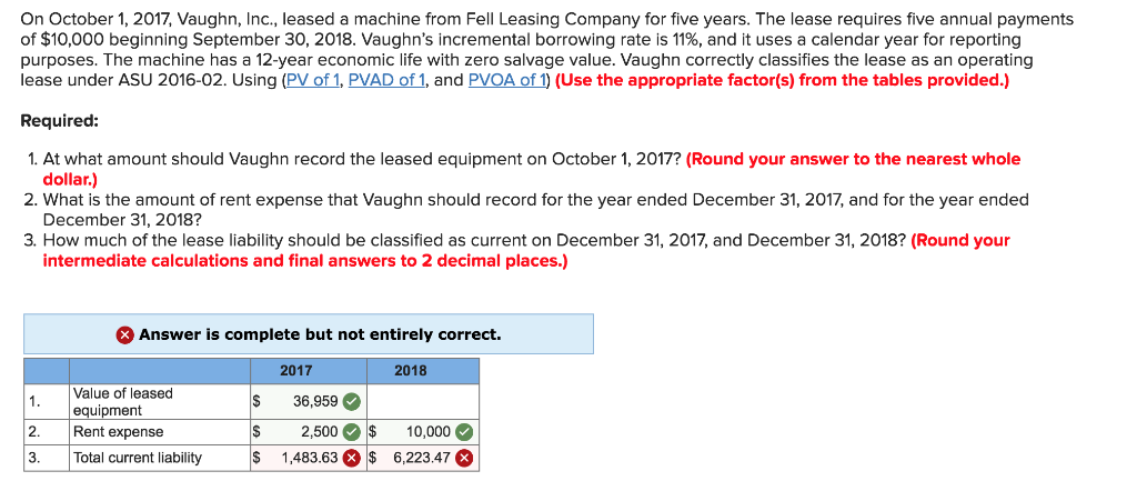  Please help On October 1, 2017, Vaughn, Inc., leased a machine