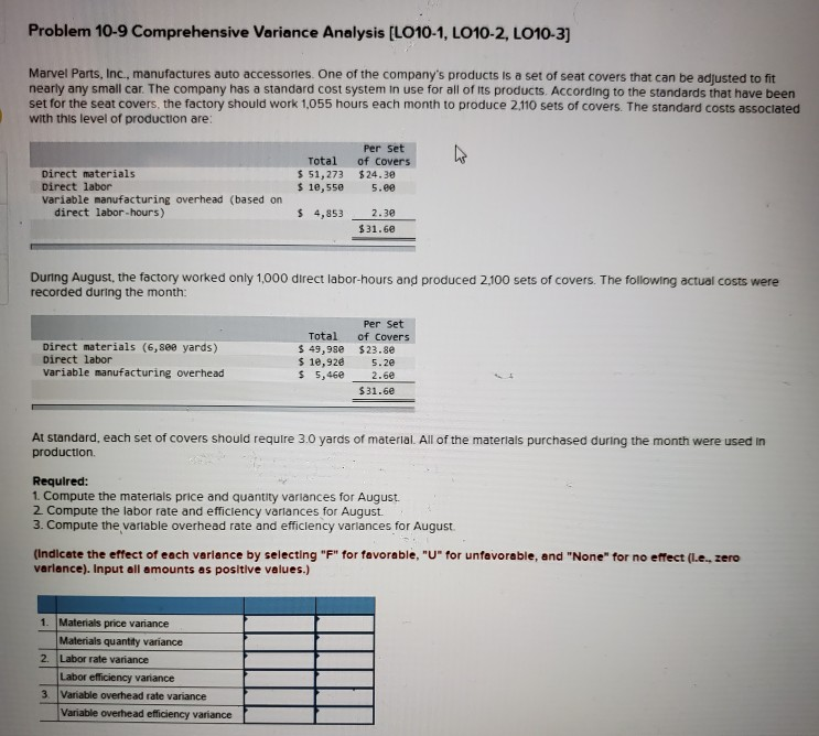 Ch. 10 please help Problem 10-9 Comprehensive Variance Analysis [LO10-1, LO10-2, LO10-3]