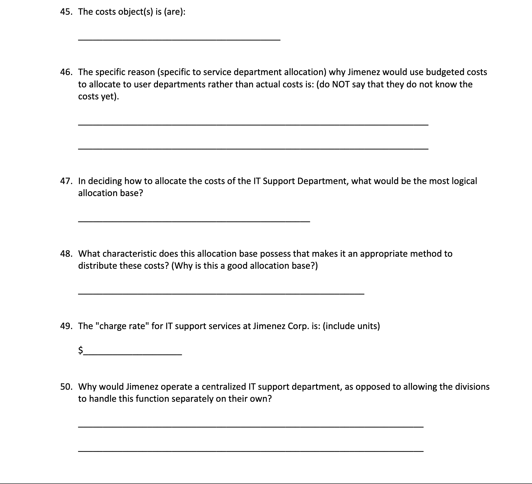 Use the following to answer questions 44-57: Jimenez Corporation is a decentralized